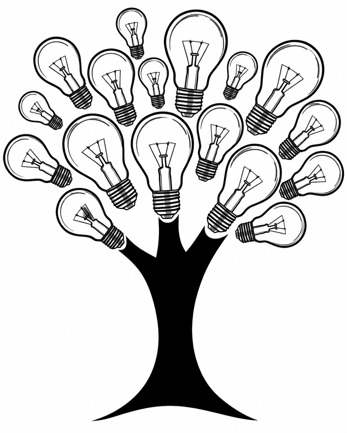 A black-and-white illustration of a tree formed from lightbulbs